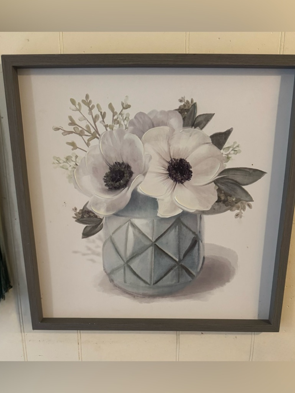 White Flowers in Turquoise Vase, Botanical Framed Painting by House Fenway